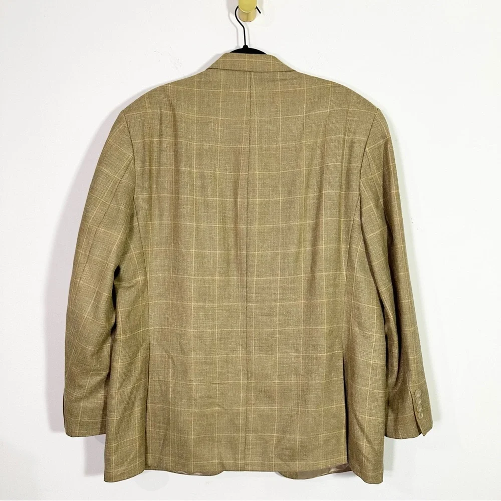Lauren Ralph Lauren Wool Silk Linen Blend Tan Brown Plaid Blazer Jacket